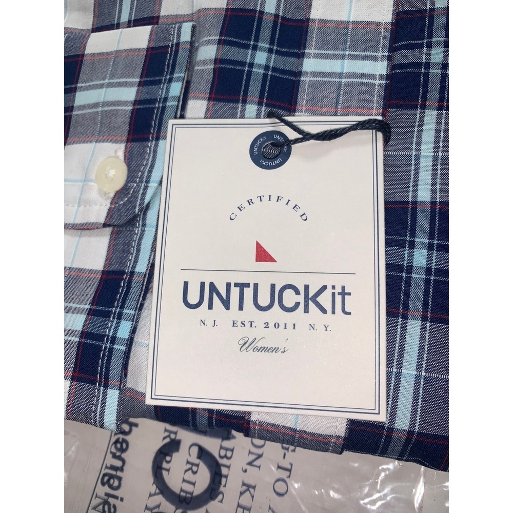 UNTUCKit Sorbo Womens Plaid Button Down Shirt Size 12 Regular Navy Blue White - Picture 10 of 11